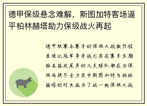 德甲保级悬念难解，斯图加特客场逼平柏林赫塔助力保级战火再起