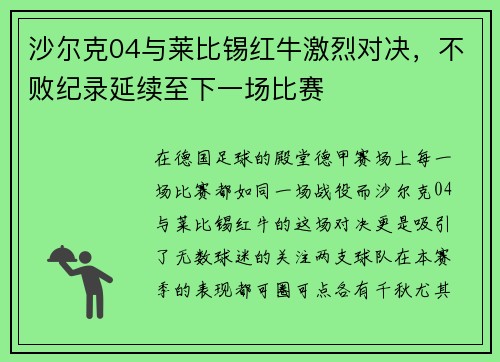 沙尔克04与莱比锡红牛激烈对决，不败纪录延续至下一场比赛